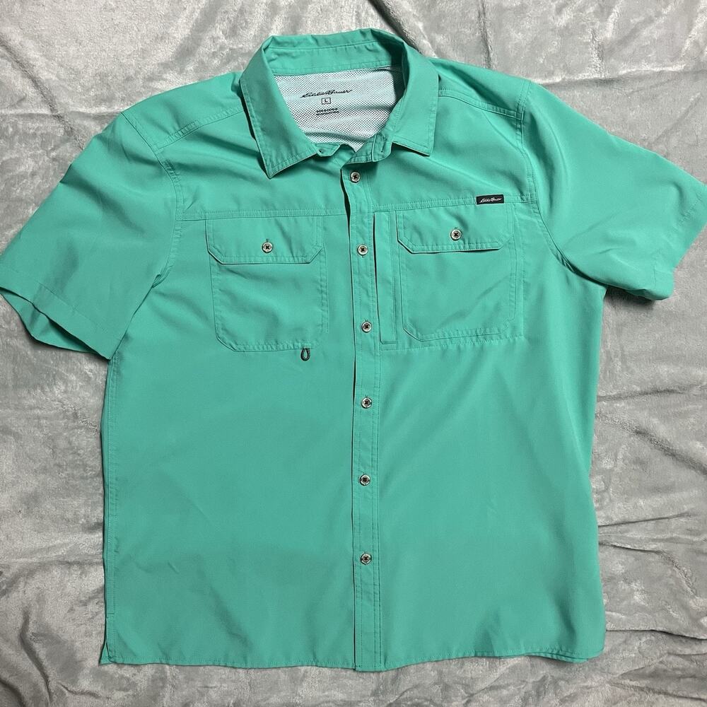 Mens Eddie Bauer Short Sleeve Shirt Tech Woven Size Large Sterling Turquoise